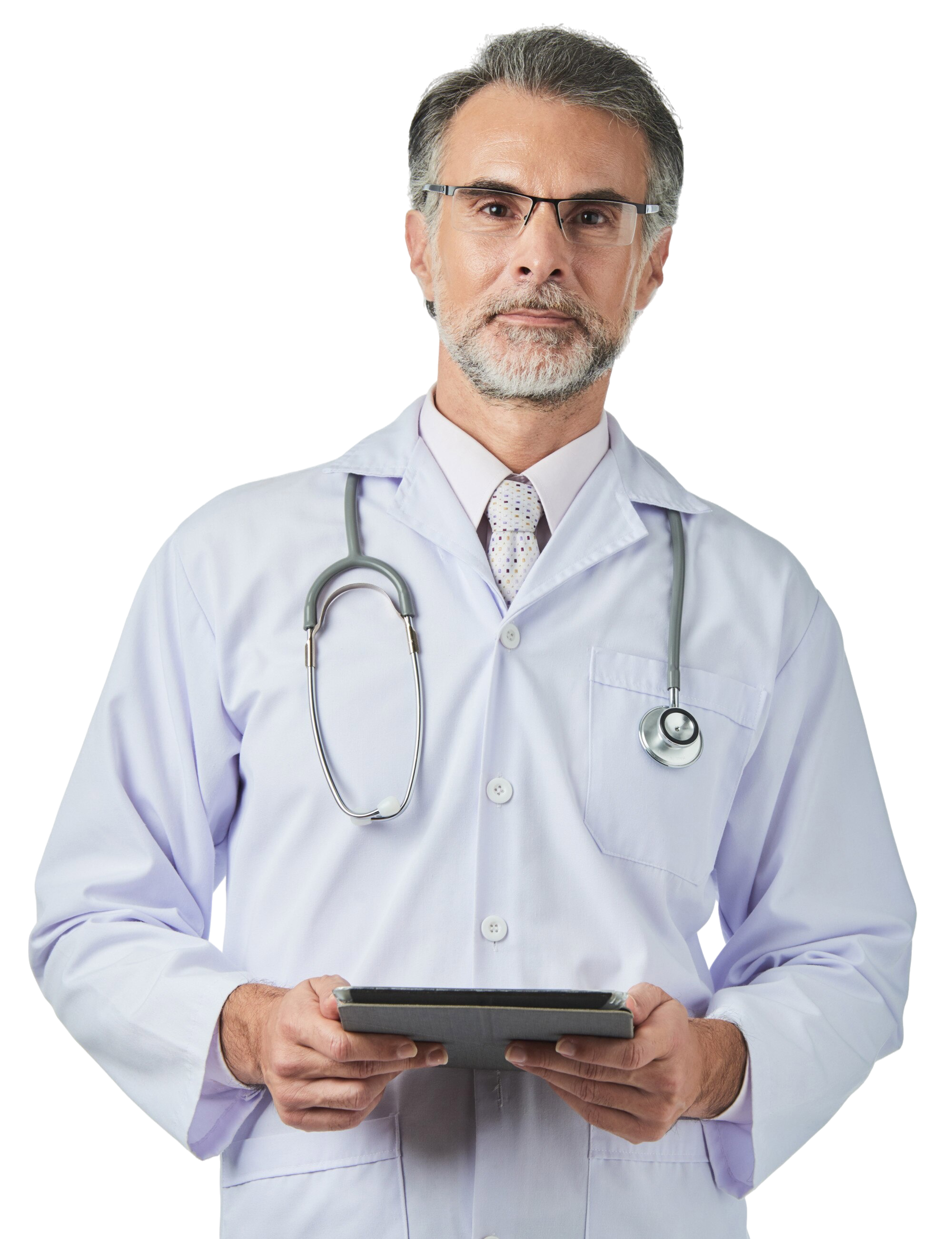 medico-general-estetoscopio-sobre-hombros-sosteniendo-pestana-digital-mirando-camara